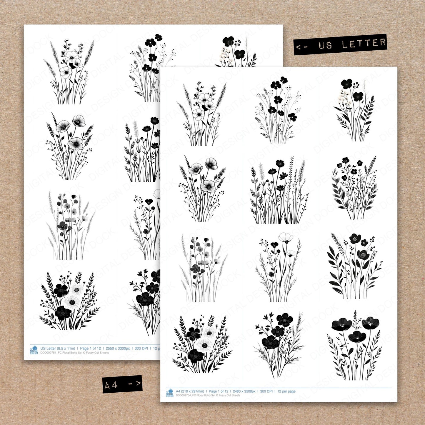 A4 and US Letter format comparison showing Floral Boho C fussy cut pages for print and cut crafting