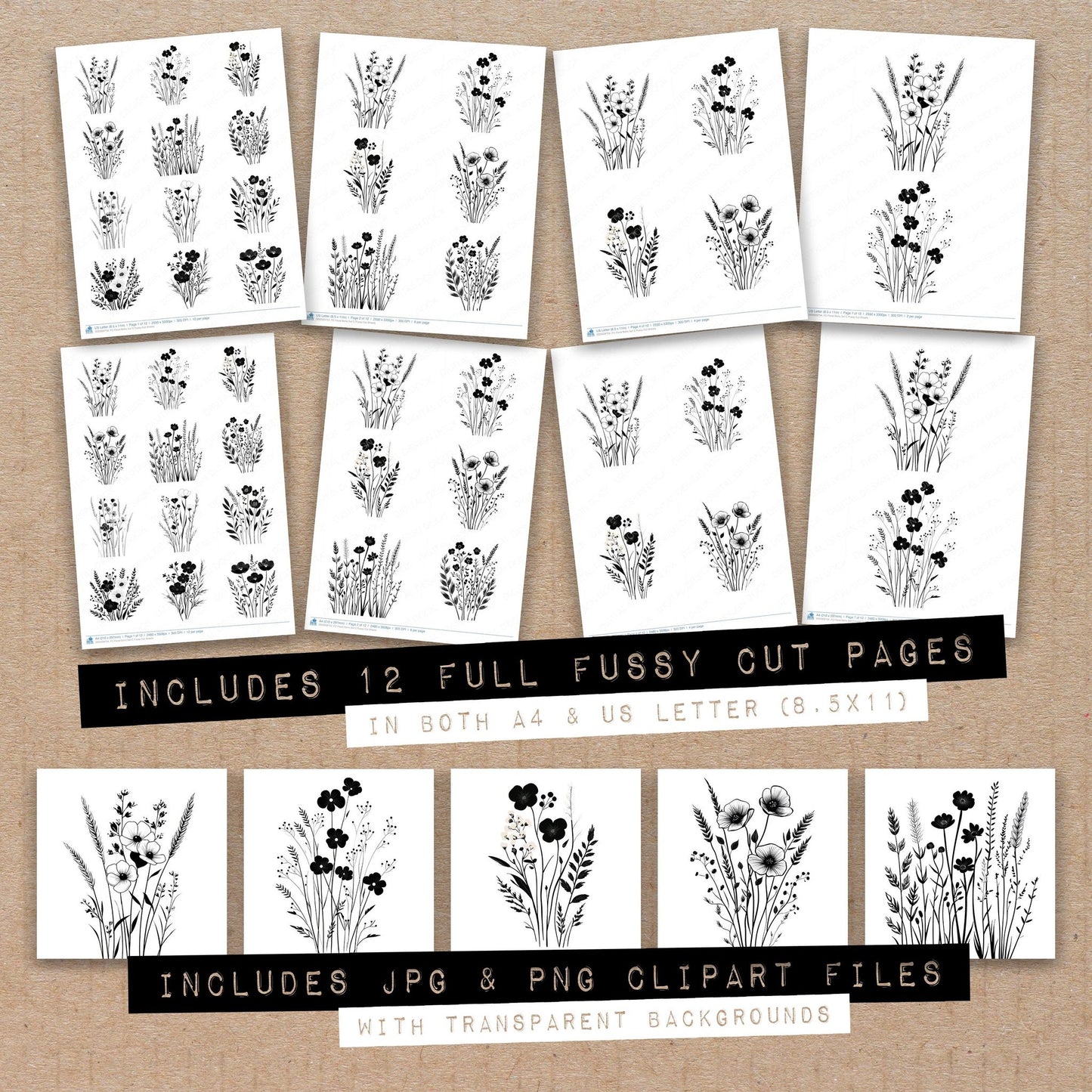 Full collection view of Floral Boho C fussy cut sheets with bonus clipart JPG and PNG files