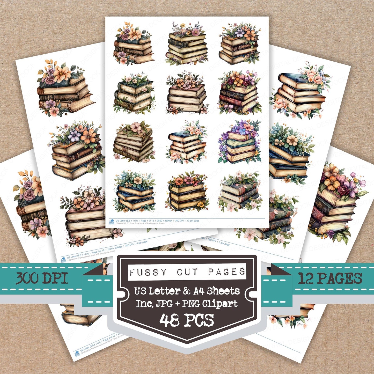 Floral Book Stack A fussy cut printable sheets for junk journaling, scrapbooking, and paper craft projects