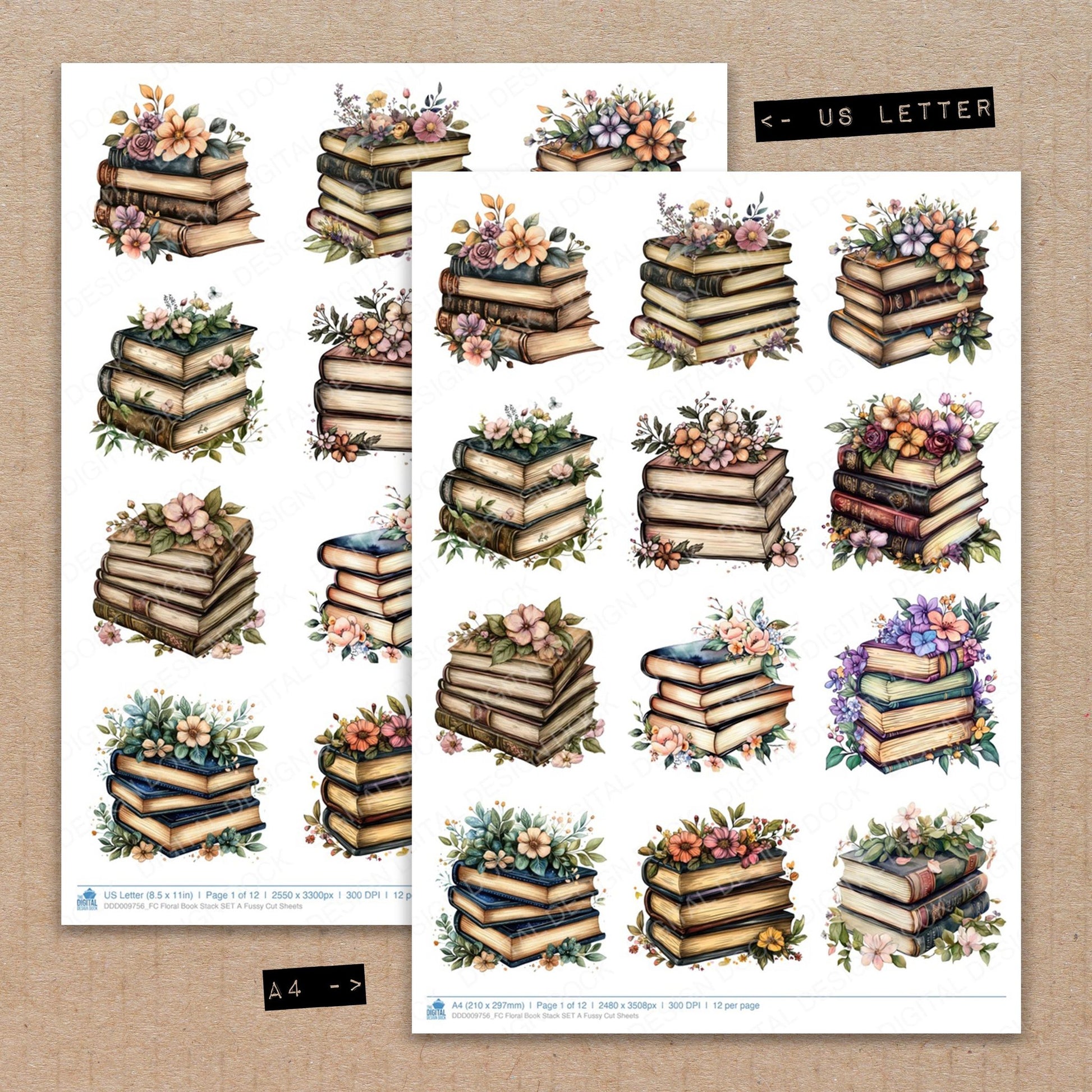 A4 and US Letter format comparison showing Floral Book Stack A fussy cut pages for print and cut crafting