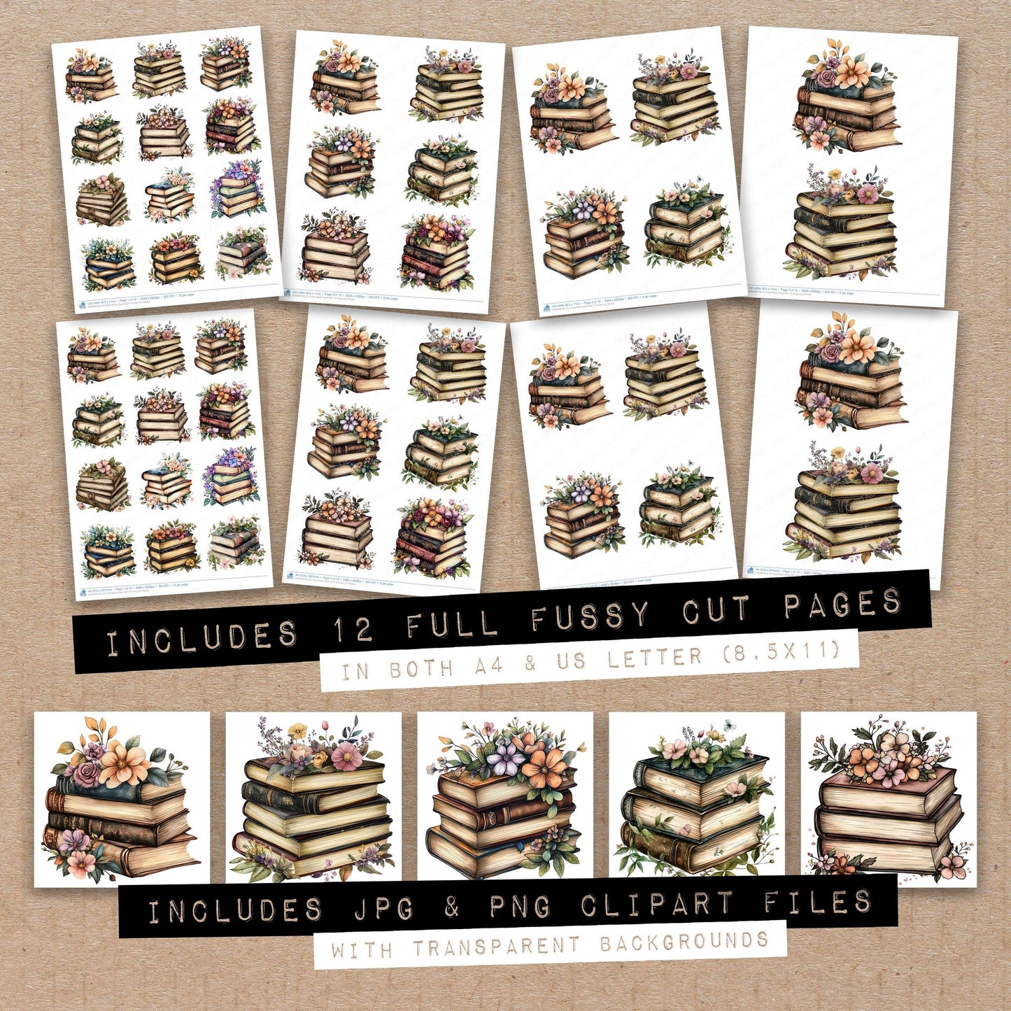 Full collection view of Floral Book Stack A fussy cut sheets with bonus clipart JPG and PNG files