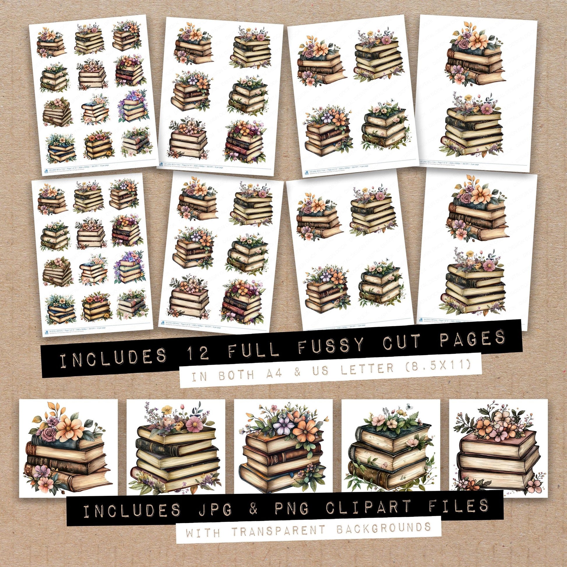 Full collection view of Floral Book Stack A fussy cut sheets with bonus clipart JPG and PNG files