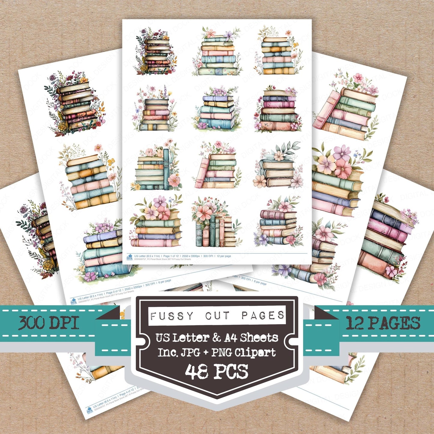Floral Book Stack SET B Fussy Cut Sheets (DDD009757)