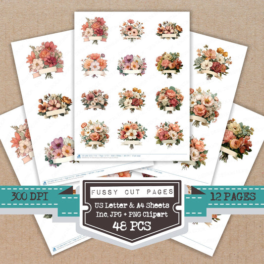 Floral Bouquet Stem Banner fussy cut printable sheets for junk journaling, scrapbooking, and paper craft projects