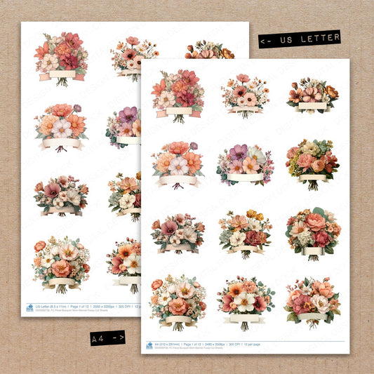 A4 and US Letter format comparison showing Floral Bouquet Stem Banner fussy cut pages for print and cut crafting