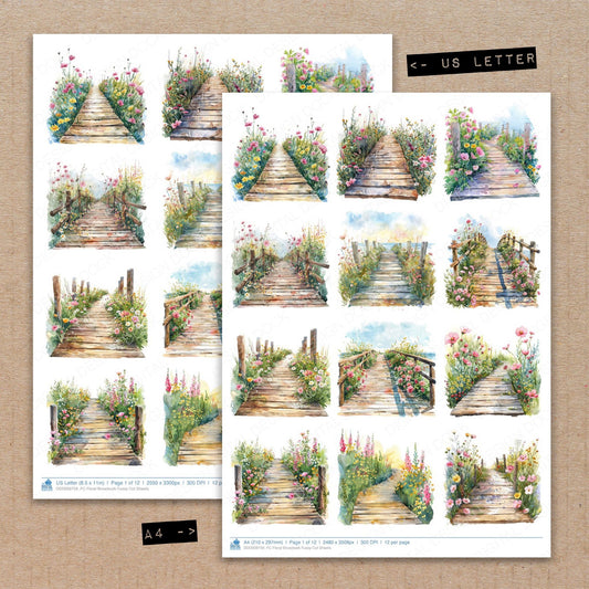 A4 and US Letter format comparison showing Floral Broadwalk fussy cut pages for print and cut crafting