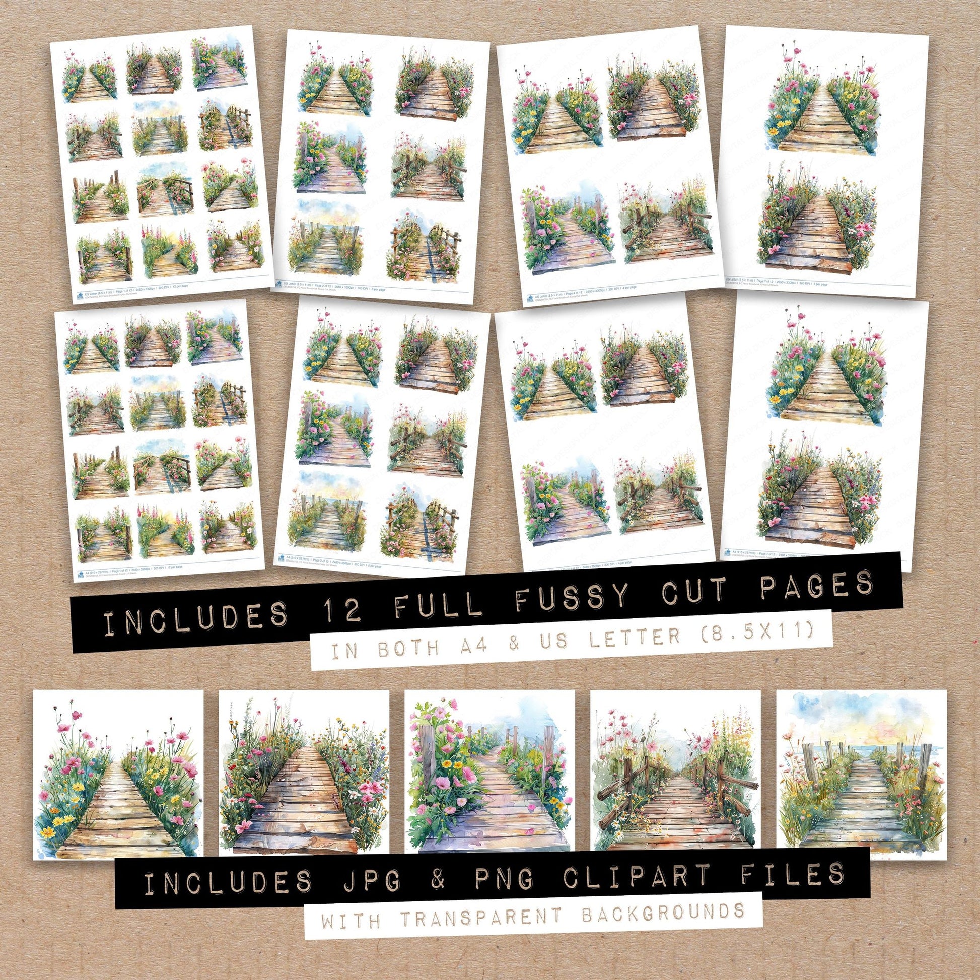 Full collection view of Floral Broadwalk fussy cut sheets with bonus clipart JPG and PNG files