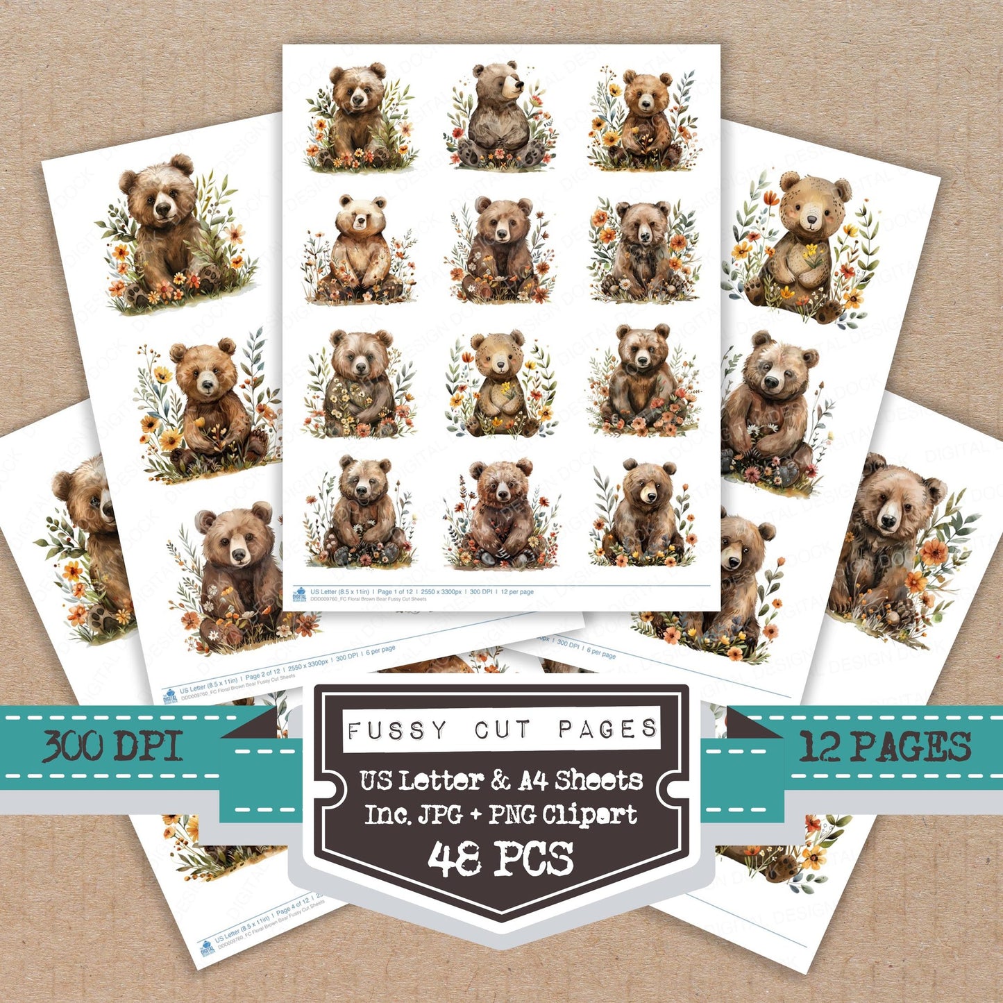 Floral Brown Bear fussy cut printable sheets for junk journaling, scrapbooking, and paper craft projects