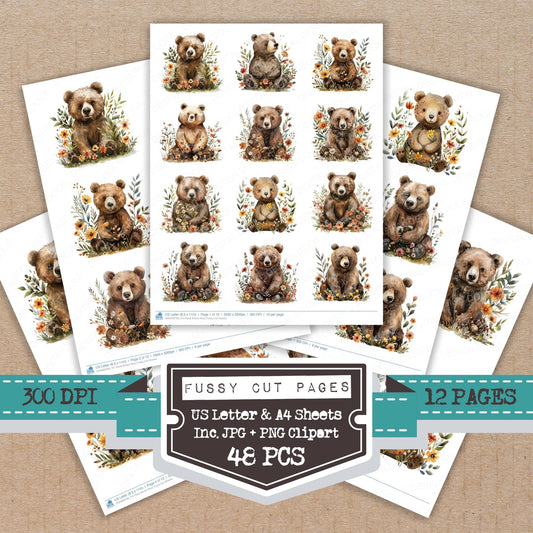 Floral Brown Bear fussy cut printable sheets for junk journaling, scrapbooking, and paper craft projects