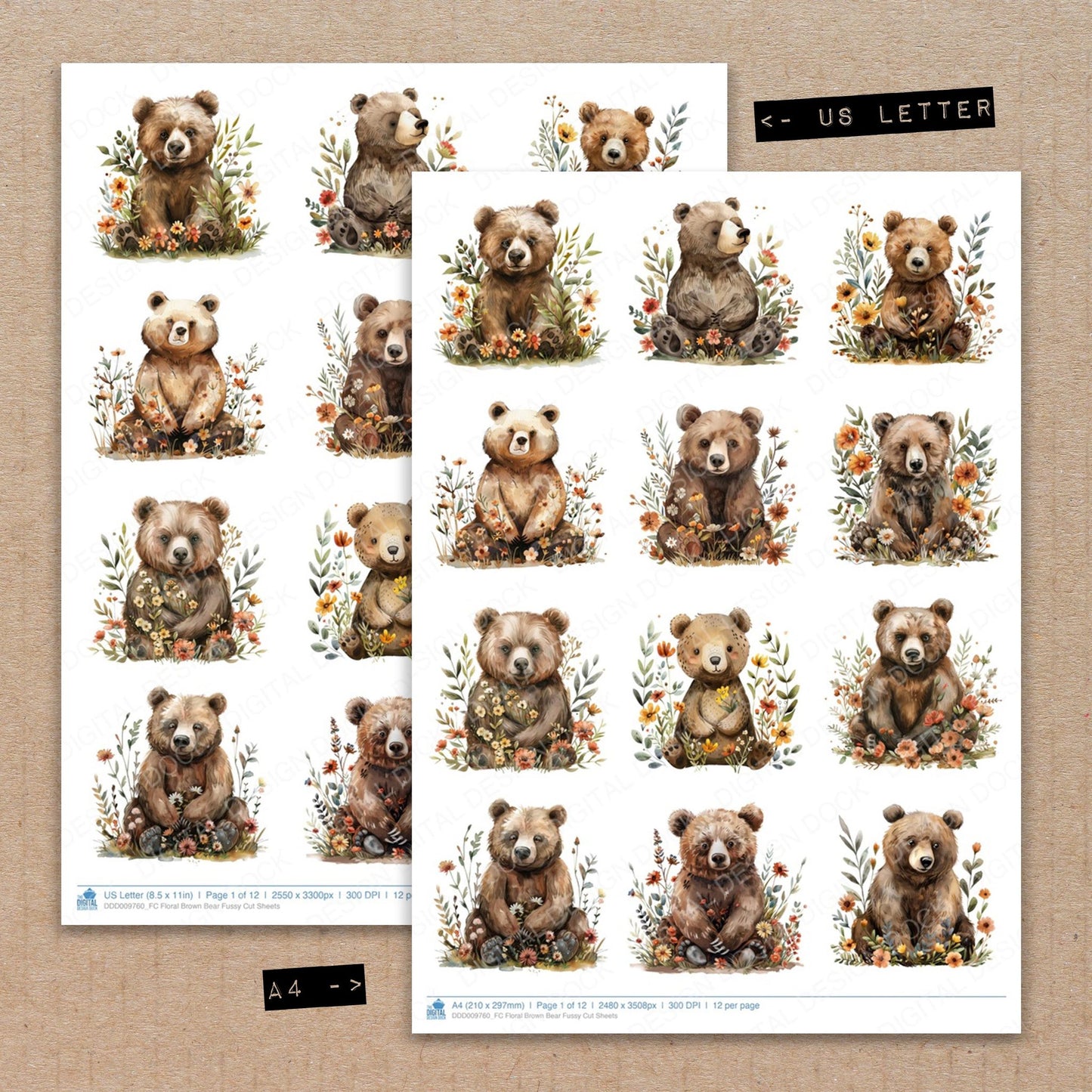 A4 and US Letter format comparison showing Floral Brown Bear fussy cut pages for print and cut crafting