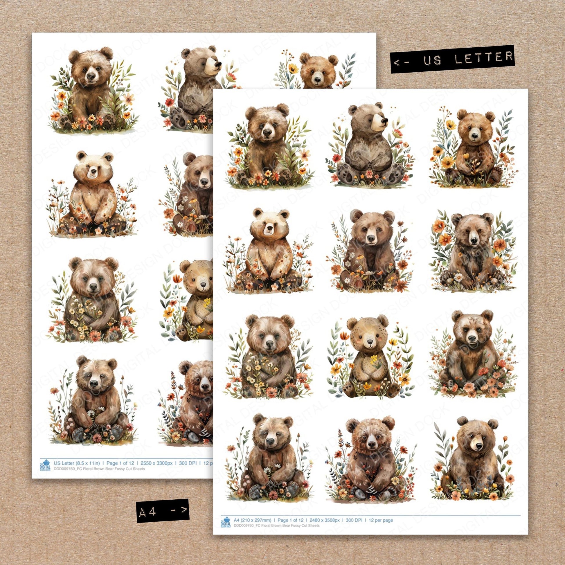 A4 and US Letter format comparison showing Floral Brown Bear fussy cut pages for print and cut crafting
