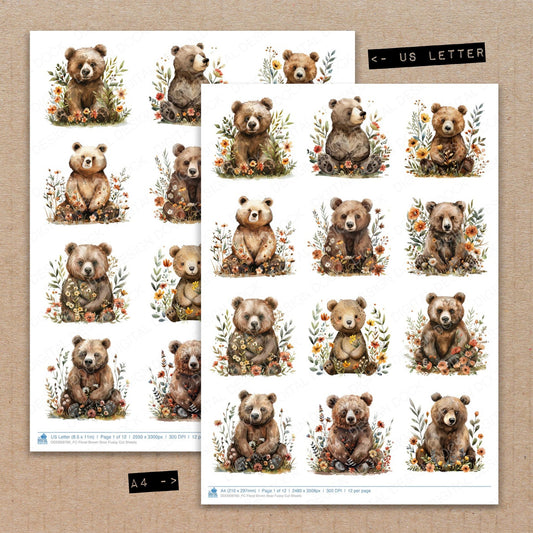 A4 and US Letter format comparison showing Floral Brown Bear fussy cut pages for print and cut crafting