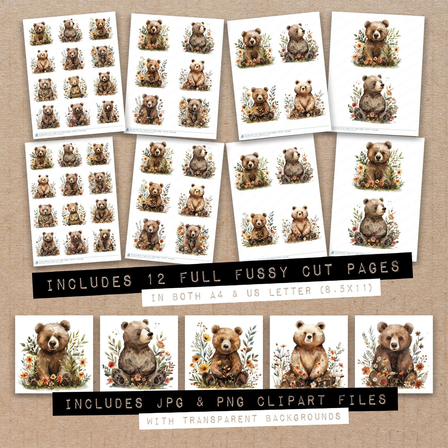 Full collection view of Floral Brown Bear fussy cut sheets with bonus clipart JPG and PNG files