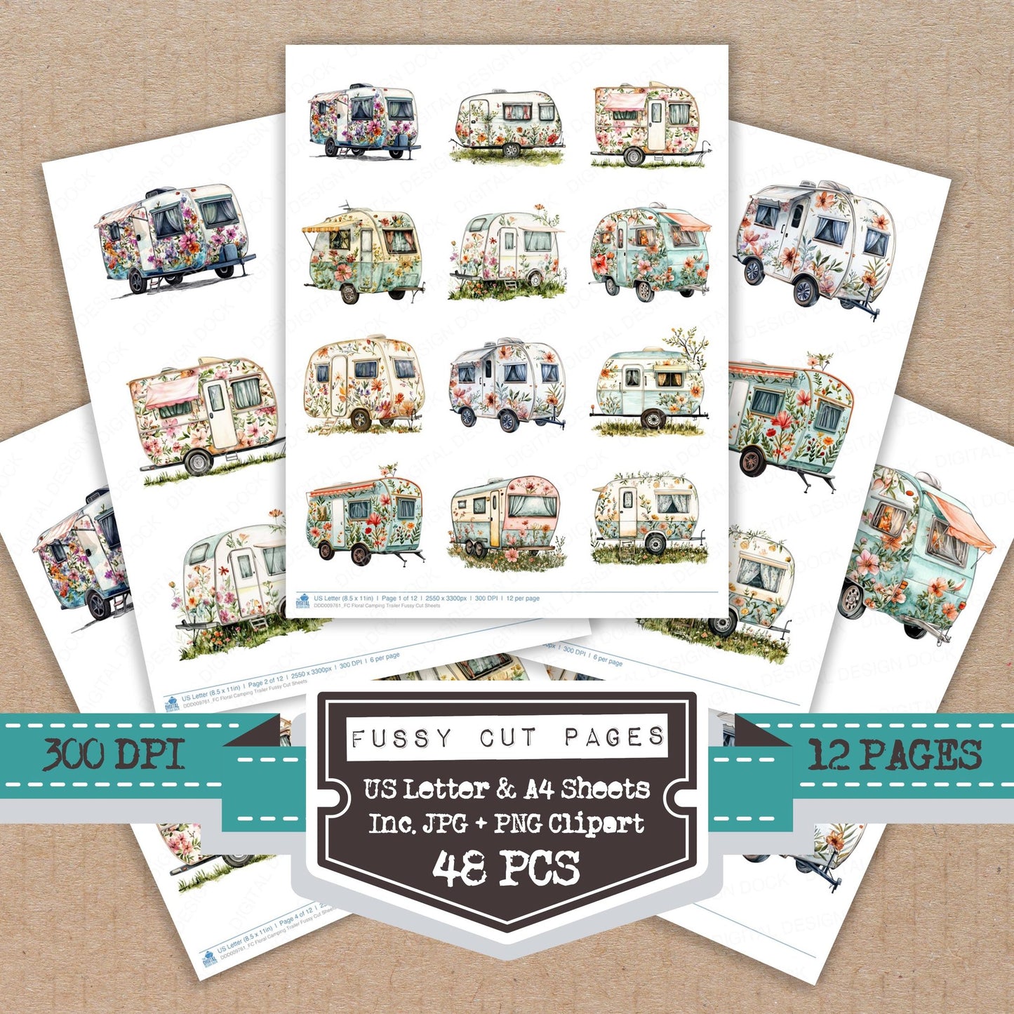 Floral Camping Trailer fussy cut printable sheets for junk journaling, scrapbooking, and paper craft projects