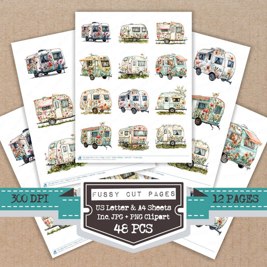 Floral Camping Trailer fussy cut printable sheets for junk journaling, scrapbooking, and paper craft projects