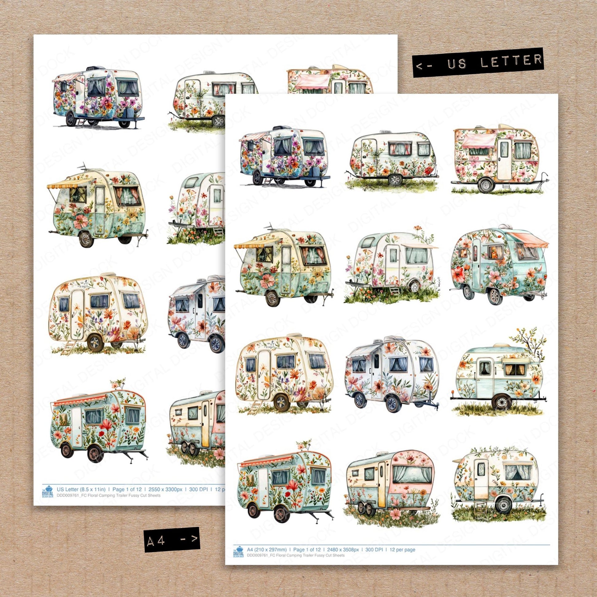 A4 and US Letter format comparison showing Floral Camping Trailer fussy cut pages for print and cut crafting