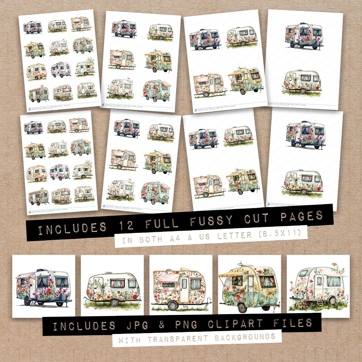Full collection view of Floral Camping Trailer fussy cut sheets with bonus clipart JPG and PNG files