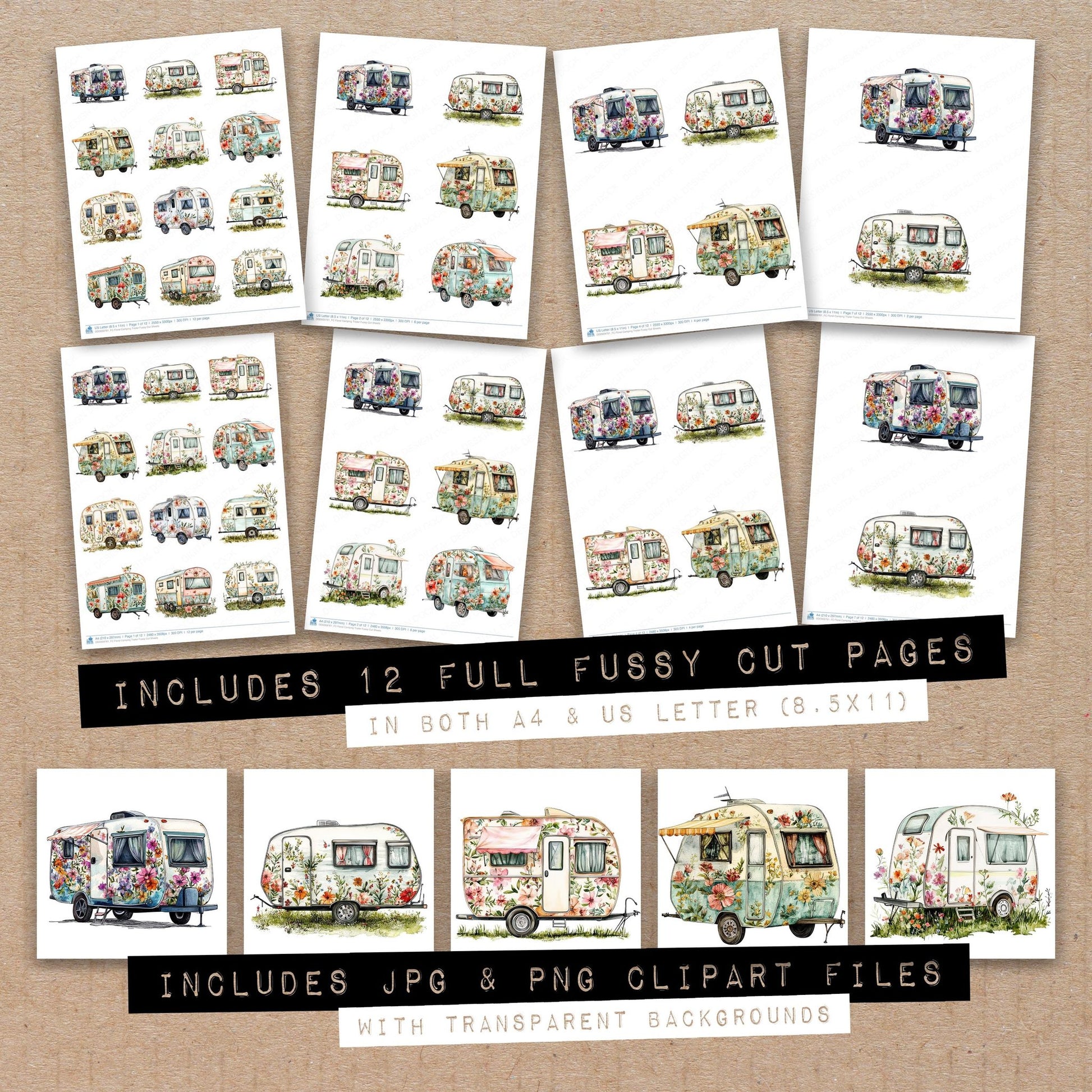 Full collection view of Floral Camping Trailer fussy cut sheets with bonus clipart JPG and PNG files