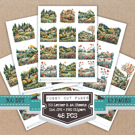 Floral Cartoon Village fussy cut printable sheets for junk journaling, scrapbooking, and paper craft projects