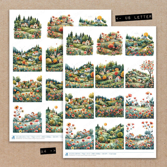 A4 and US Letter format comparison showing Floral Cartoon Village fussy cut pages for print and cut crafting