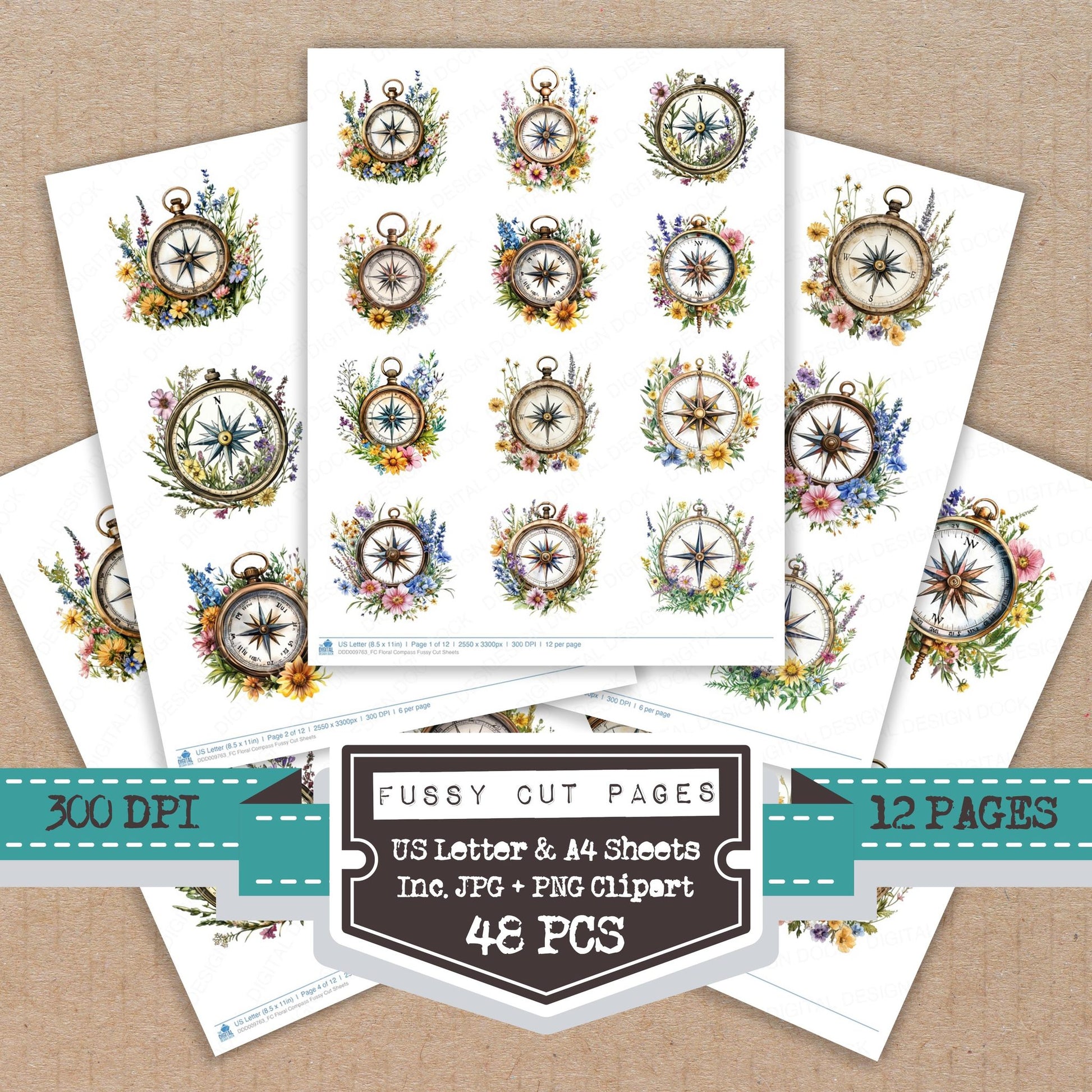 Floral Compass fussy cut printable sheets for junk journaling, scrapbooking, and paper craft projects