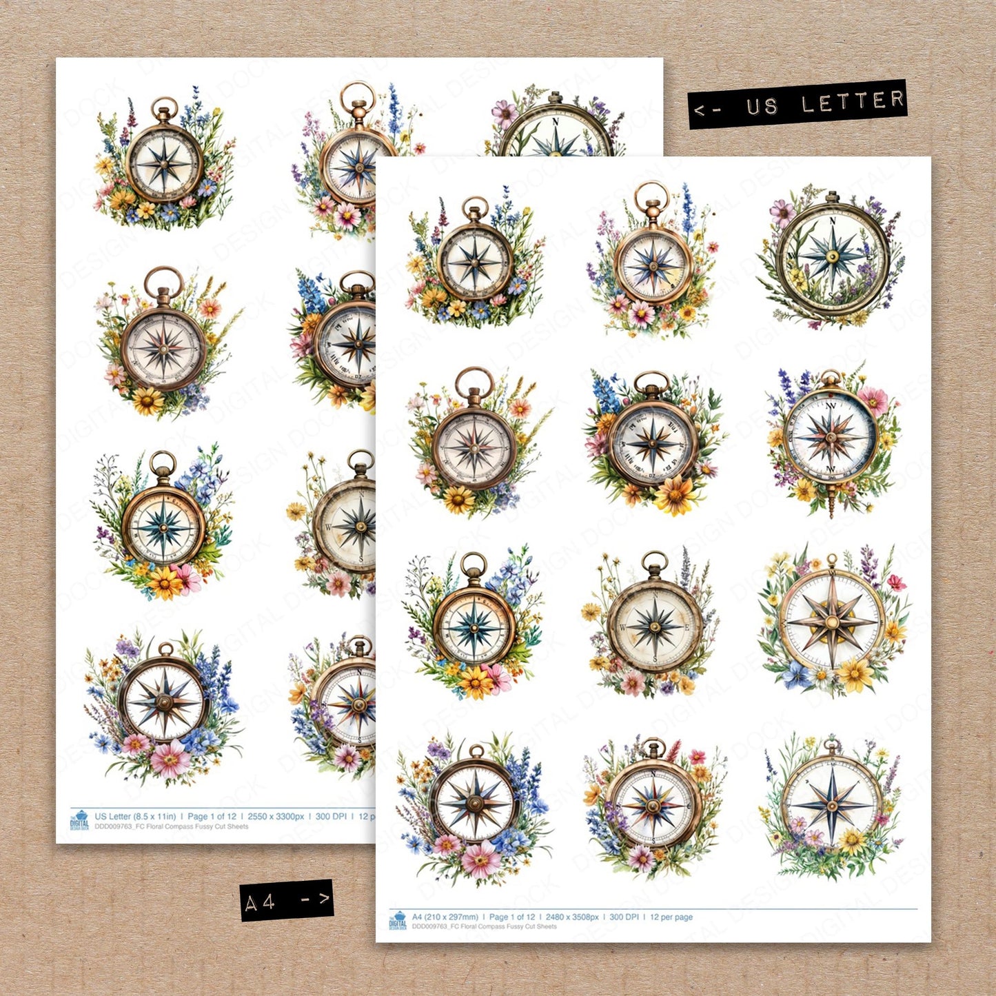 A4 and US Letter format comparison showing Floral Compass fussy cut pages for print and cut crafting