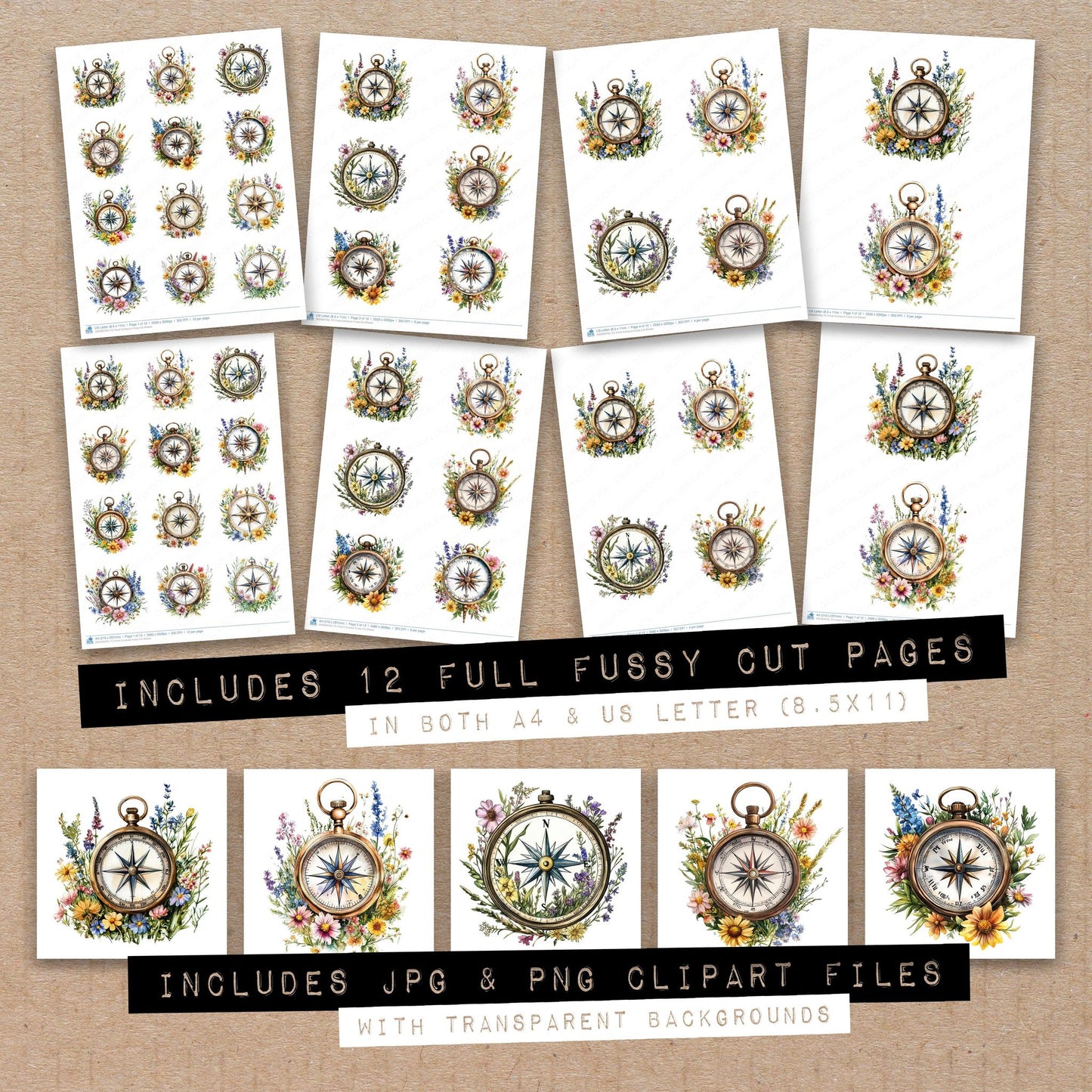 Full collection view of Floral Compass fussy cut sheets with bonus clipart JPG and PNG files