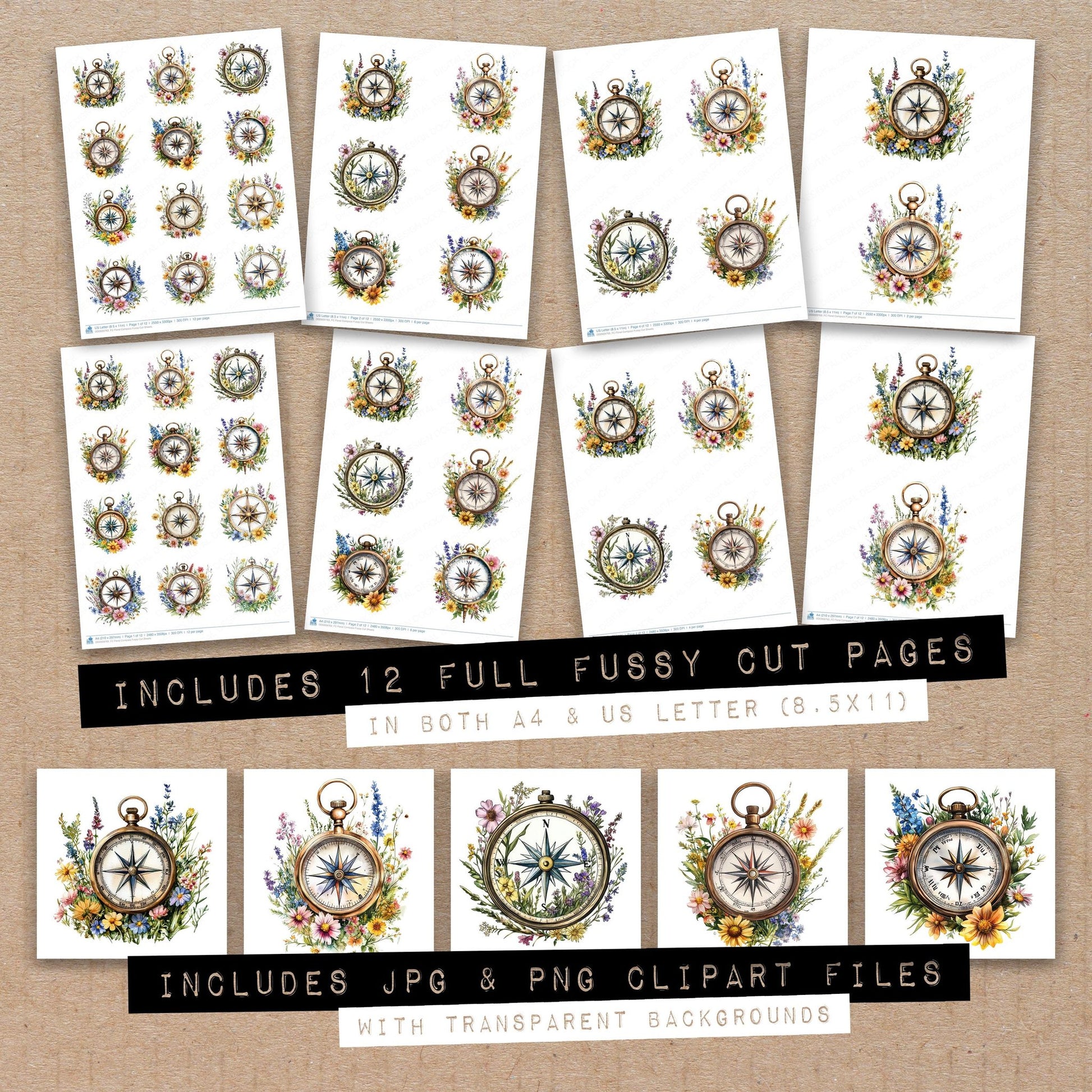Full collection view of Floral Compass fussy cut sheets with bonus clipart JPG and PNG files
