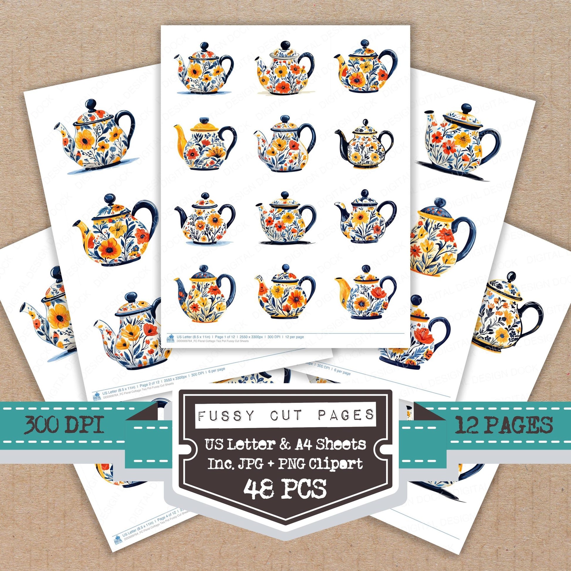 Floral Cottage Tea Pot fussy cut printable sheets for junk journaling, scrapbooking, and paper craft projects