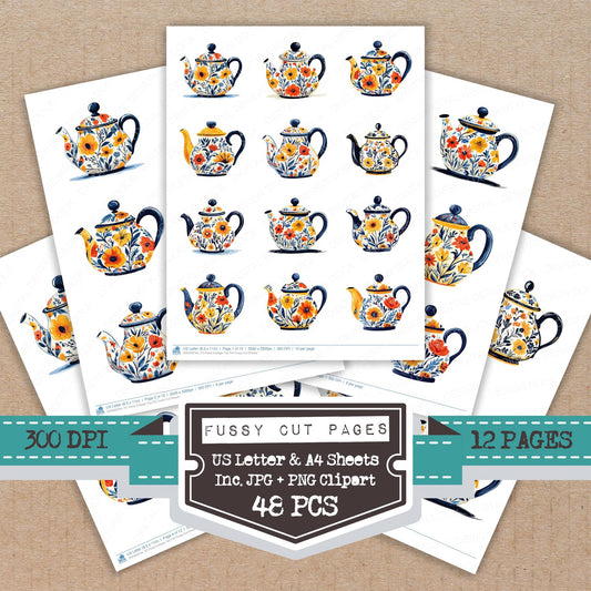 Floral Cottage Tea Pot fussy cut printable sheets for junk journaling, scrapbooking, and paper craft projects