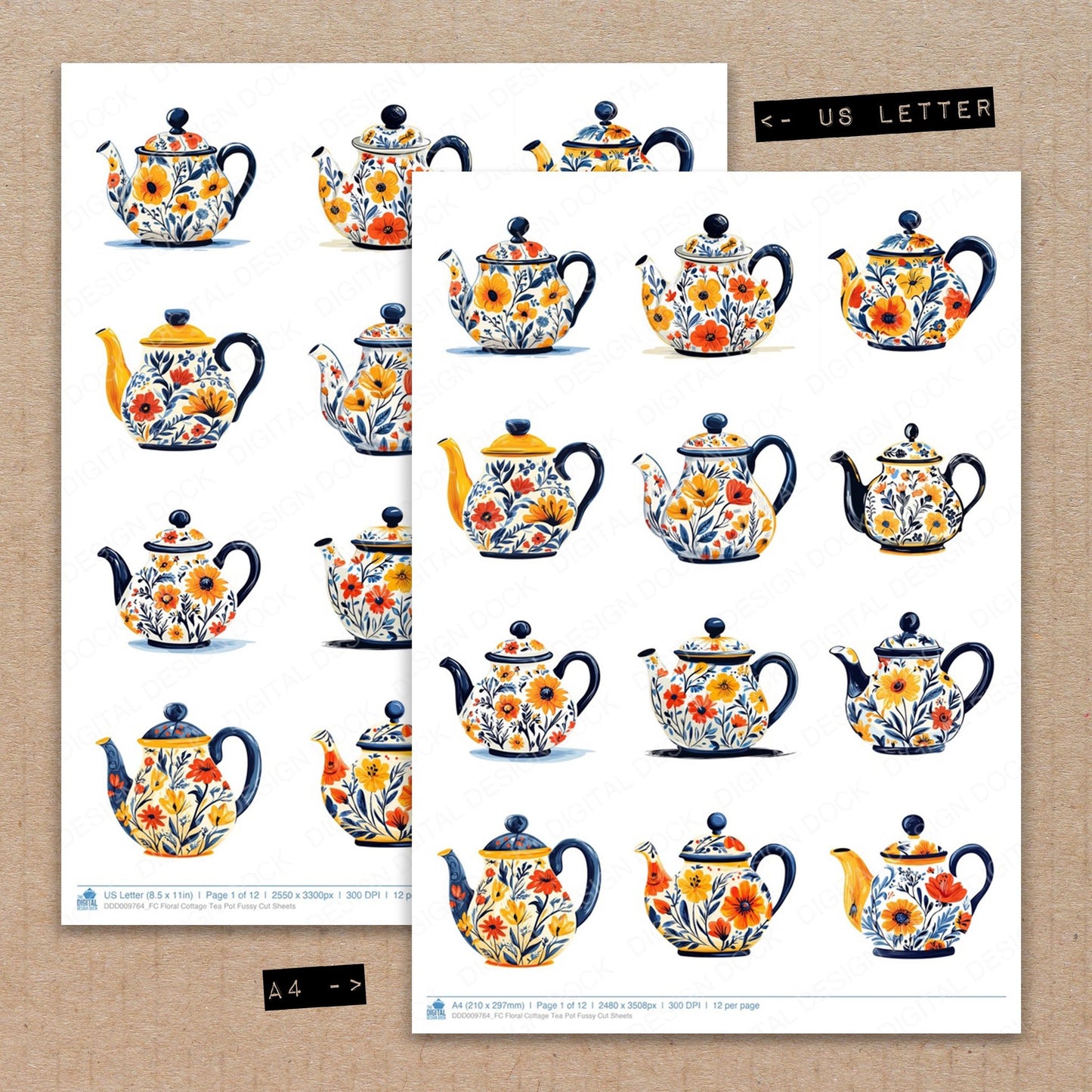 A4 and US Letter format comparison showing Floral Cottage Tea Pot fussy cut pages for print and cut crafting