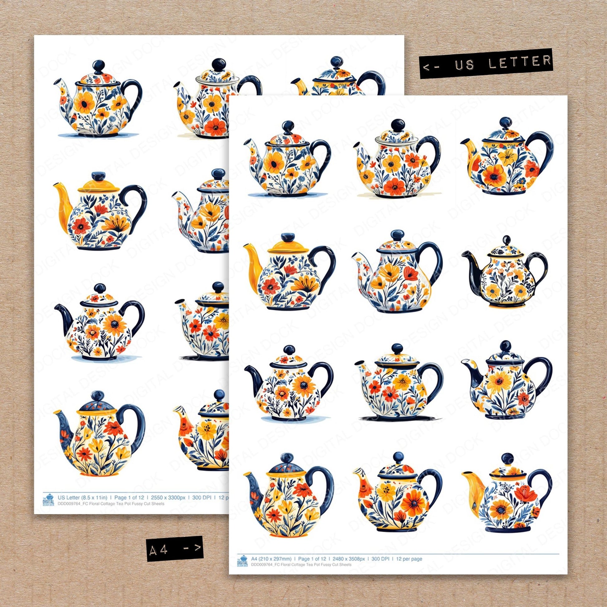 A4 and US Letter format comparison showing Floral Cottage Tea Pot fussy cut pages for print and cut crafting