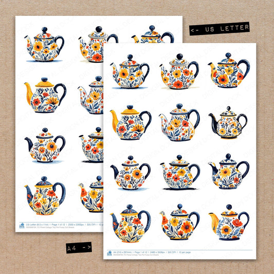 A4 and US Letter format comparison showing Floral Cottage Tea Pot fussy cut pages for print and cut crafting
