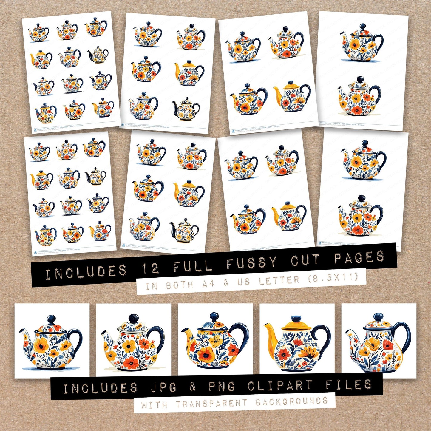 Full collection view of Floral Cottage Tea Pot fussy cut sheets with bonus clipart JPG and PNG files