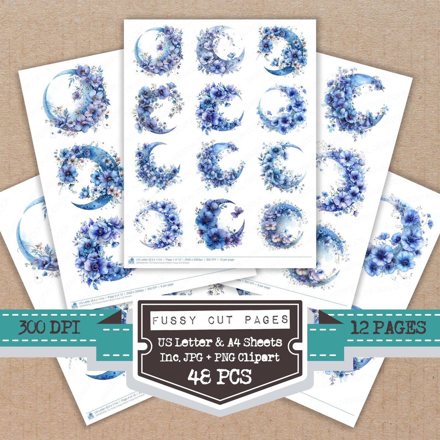 Floral Cresent Moon fussy cut printable sheets for junk journaling, scrapbooking, and paper craft projects