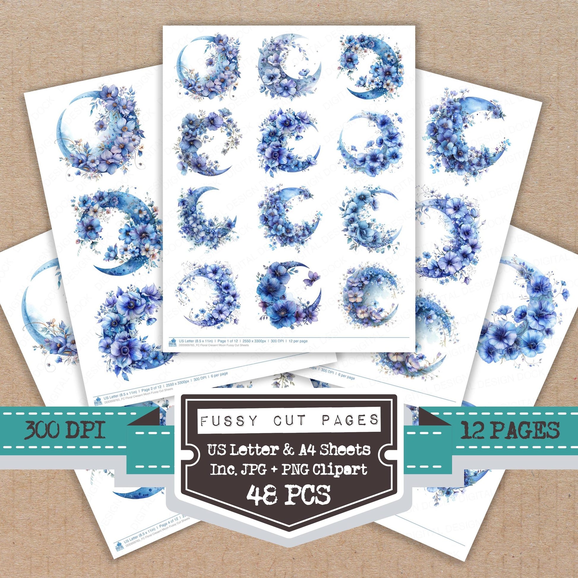 Floral Cresent Moon fussy cut printable sheets for junk journaling, scrapbooking, and paper craft projects