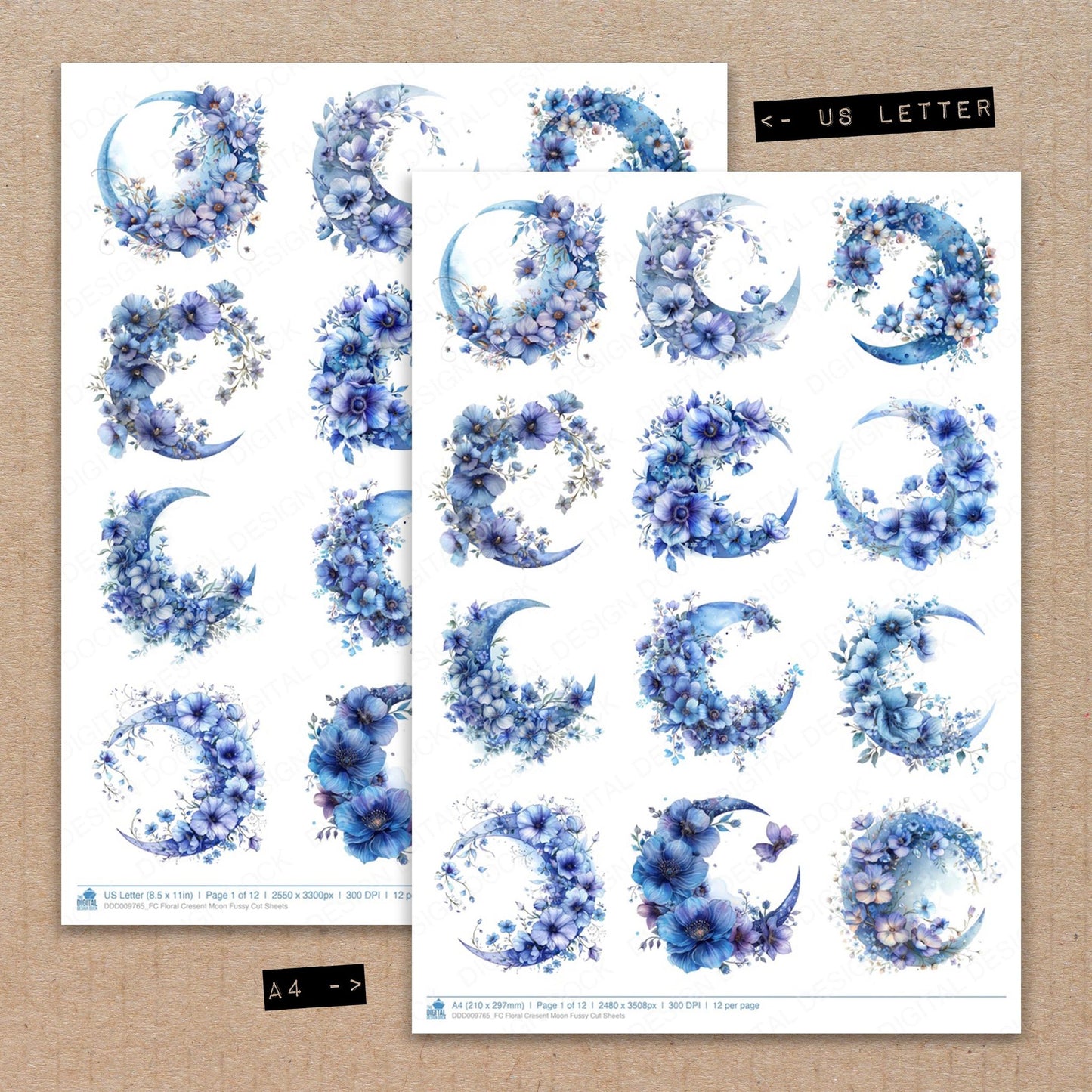 A4 and US Letter format comparison showing Floral Cresent Moon fussy cut pages for print and cut crafting
