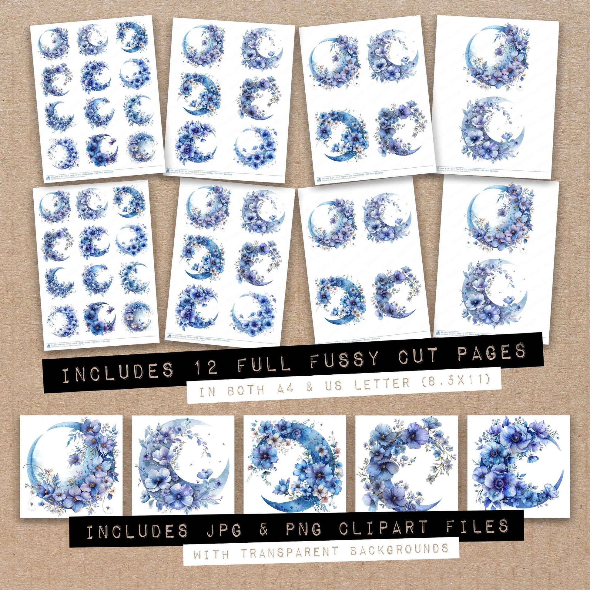 Full collection view of Floral Cresent Moon fussy cut sheets with bonus clipart JPG and PNG files