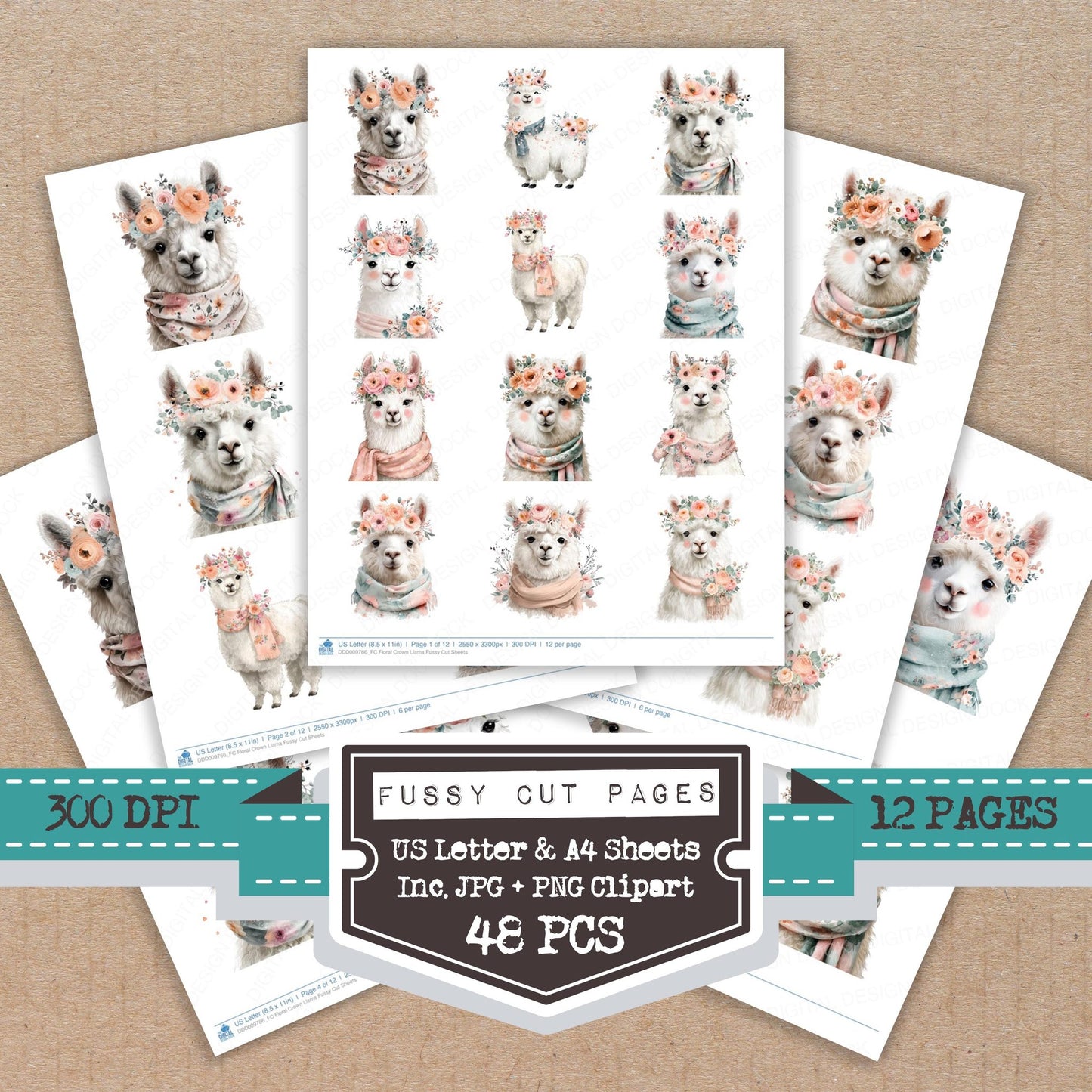 Floral Crown Llama fussy cut printable sheets for junk journaling, scrapbooking, and paper craft projects