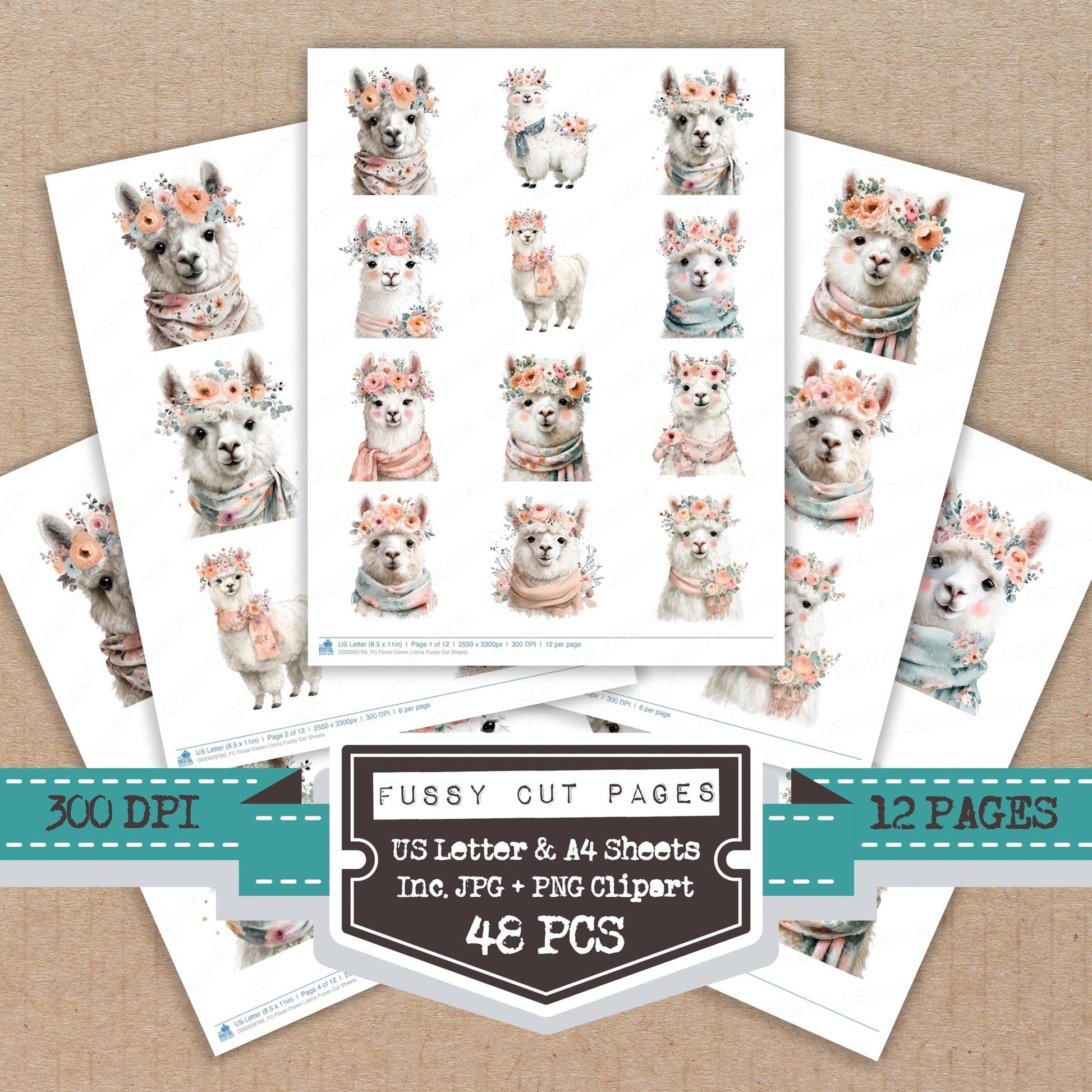 Floral Crown Llama fussy cut printable sheets for junk journaling, scrapbooking, and paper craft projects