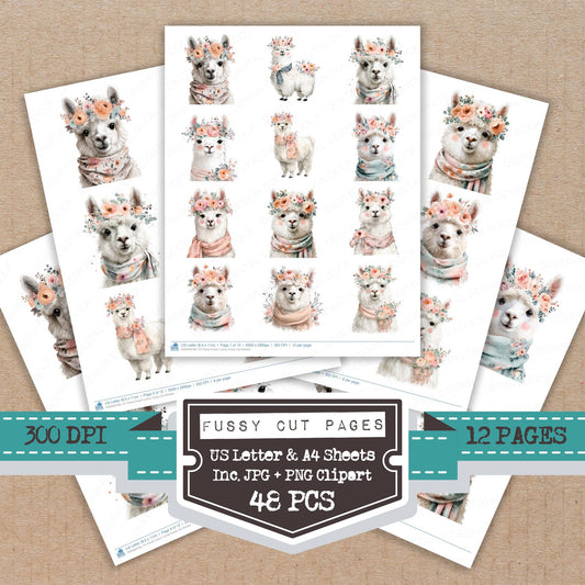 Floral Crown Llama fussy cut printable sheets for junk journaling, scrapbooking, and paper craft projects