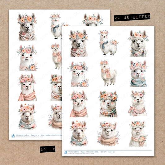 A4 and US Letter format comparison showing Floral Crown Llama fussy cut pages for print and cut crafting