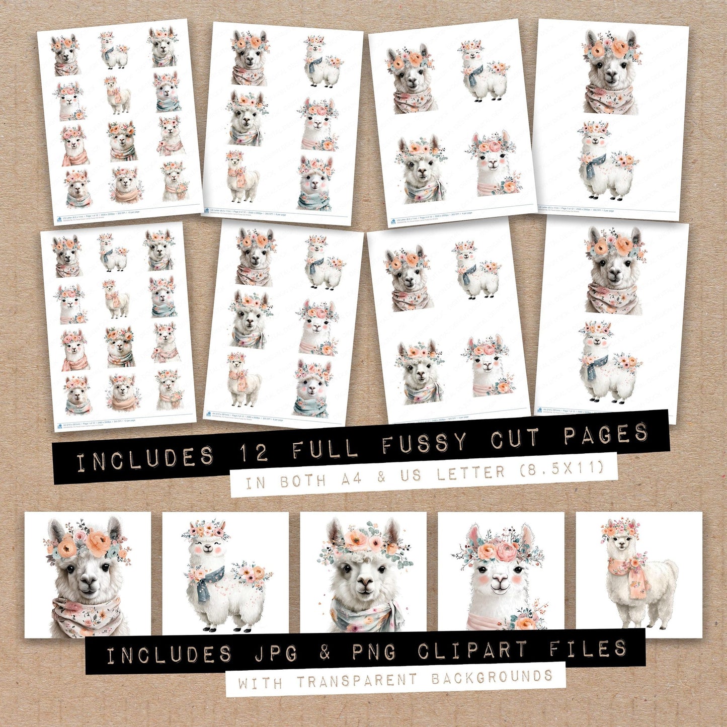Full collection view of Floral Crown Llama fussy cut sheets with bonus clipart JPG and PNG files