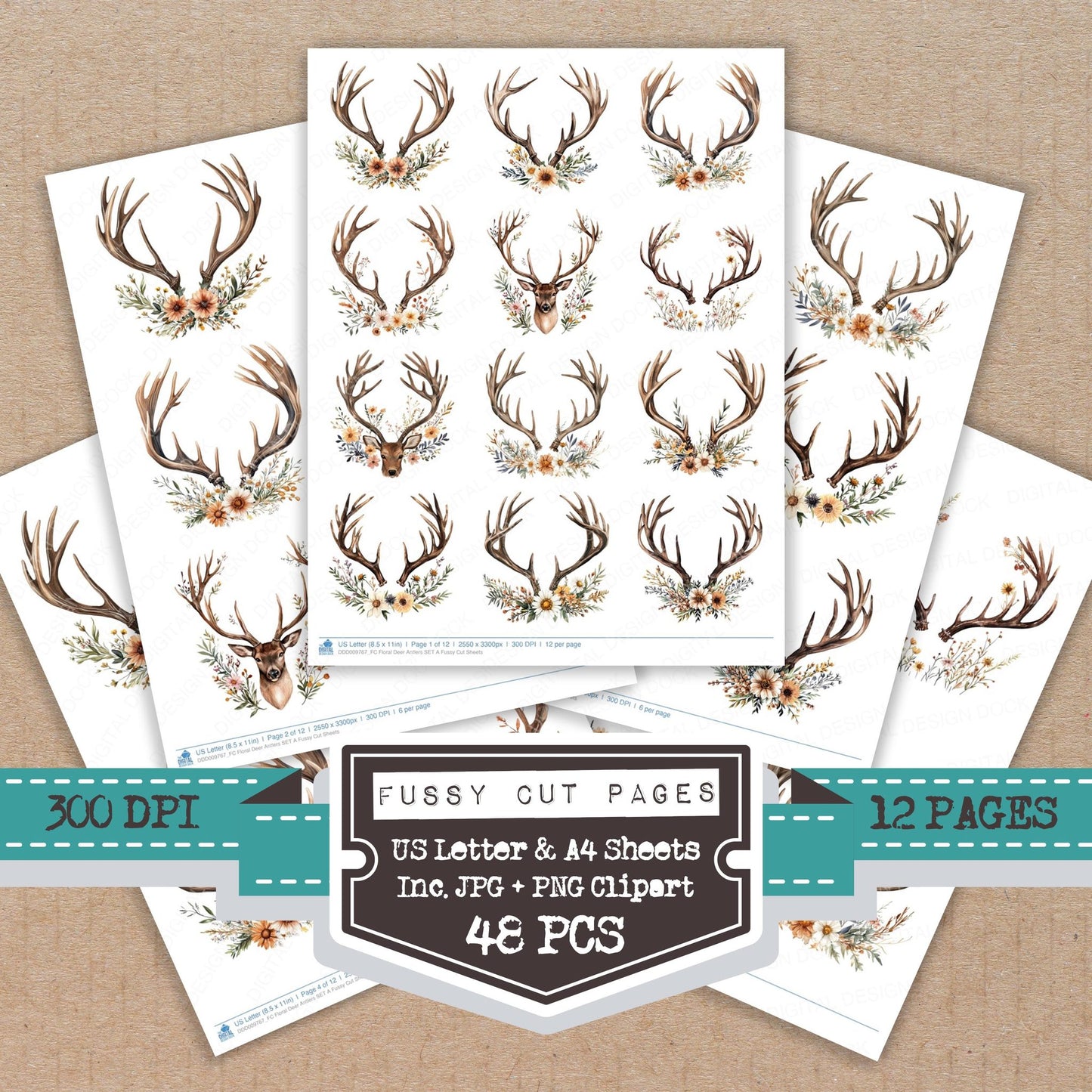 Floral Deer Antlers A fussy cut printable sheets for junk journaling, scrapbooking, and paper craft projects