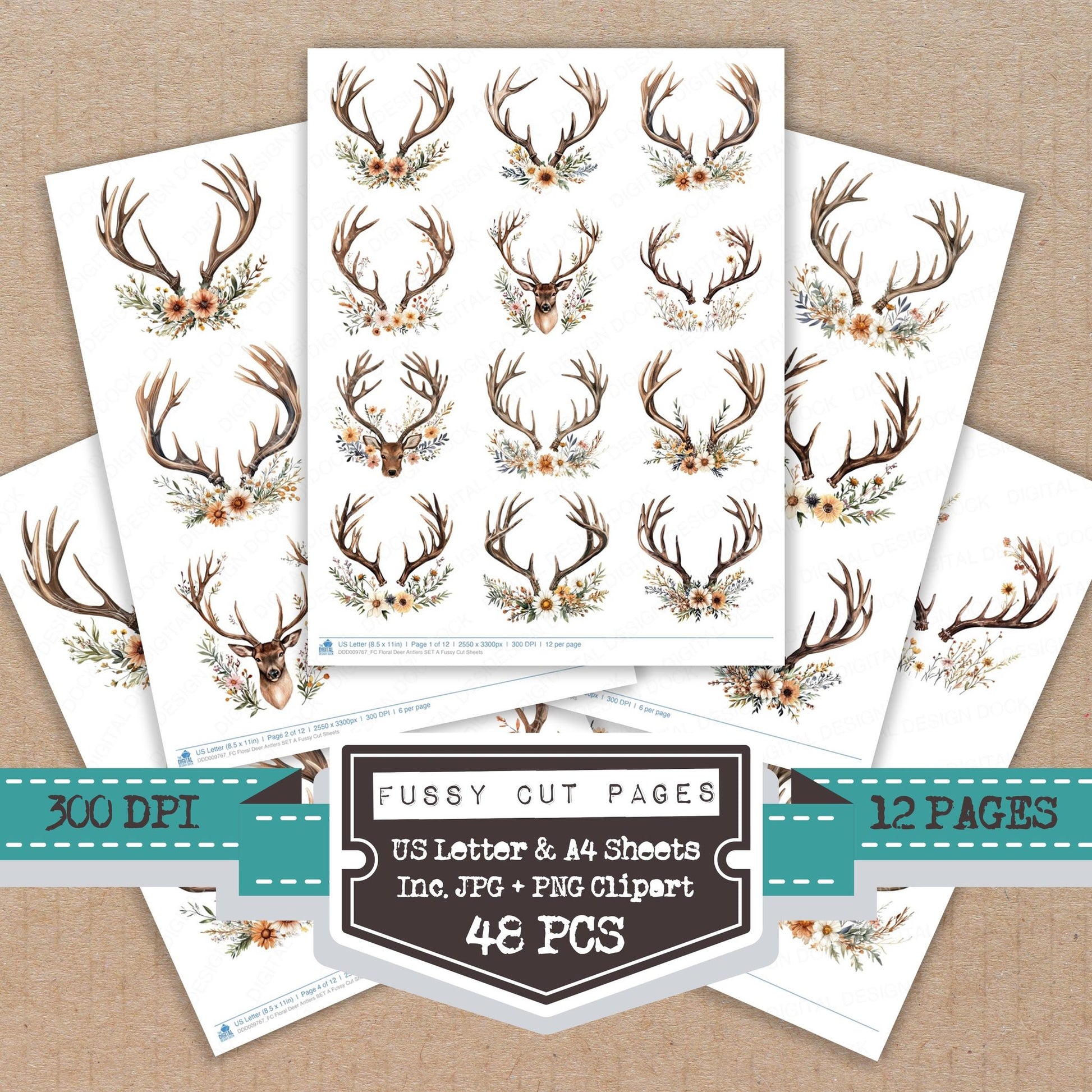 Floral Deer Antlers A fussy cut printable sheets for junk journaling, scrapbooking, and paper craft projects