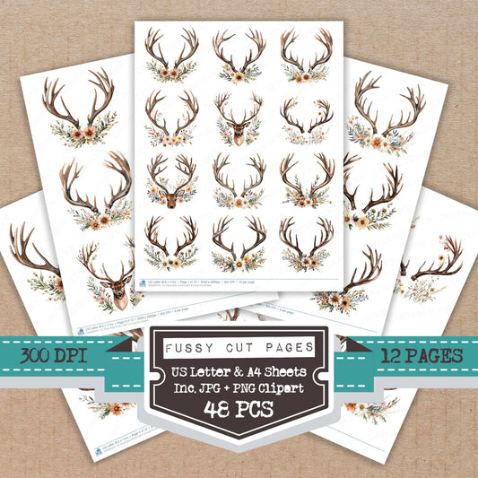 Floral Deer Antlers A fussy cut printable sheets for junk journaling, scrapbooking, and paper craft projects