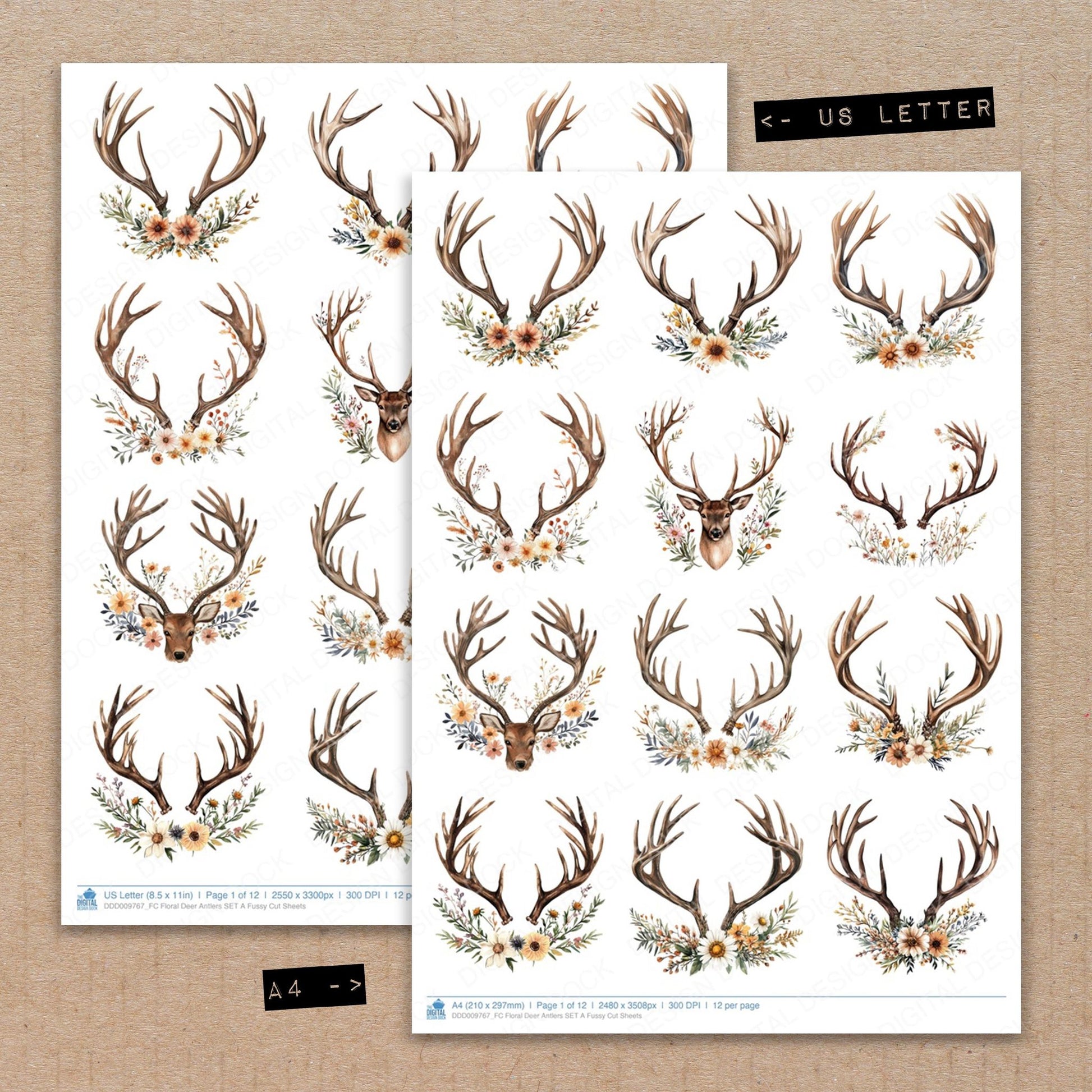 A4 and US Letter format comparison showing Floral Deer Antlers A fussy cut pages for print and cut crafting