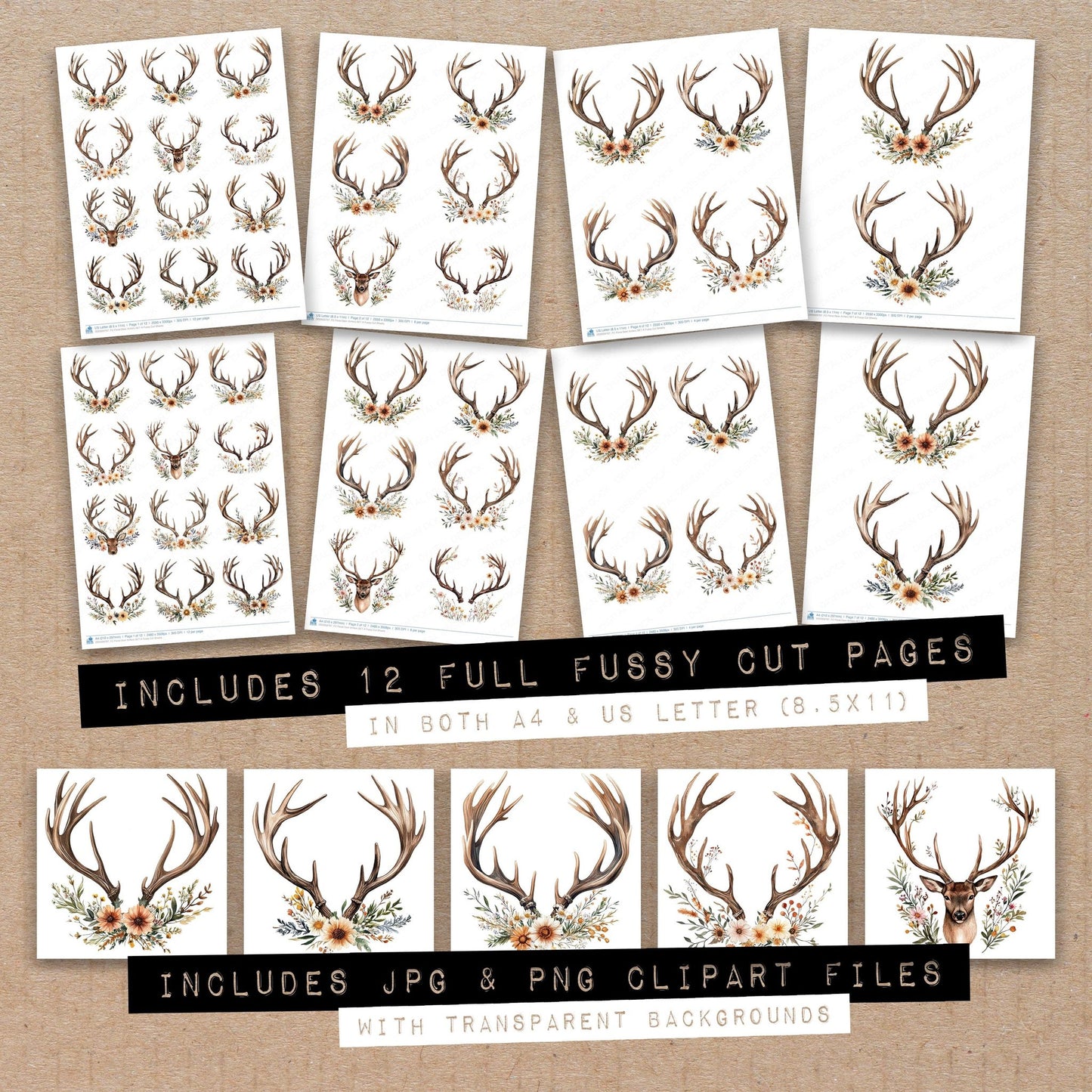 Full collection view of Floral Deer Antlers A fussy cut sheets with bonus clipart JPG and PNG files