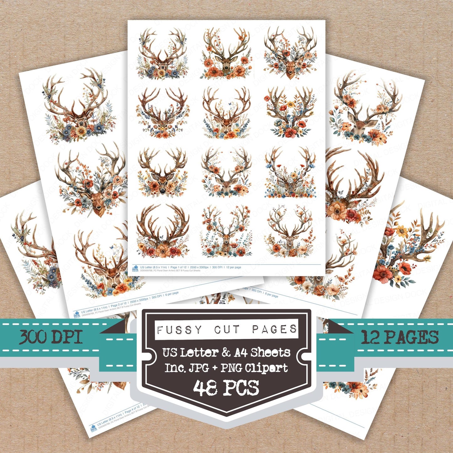 Floral Deer Antlers B fussy cut printable sheets for junk journaling, scrapbooking, and paper craft projects
