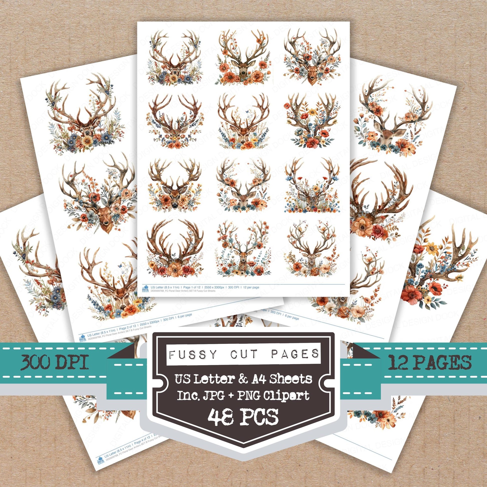 Floral Deer Antlers B fussy cut printable sheets for junk journaling, scrapbooking, and paper craft projects